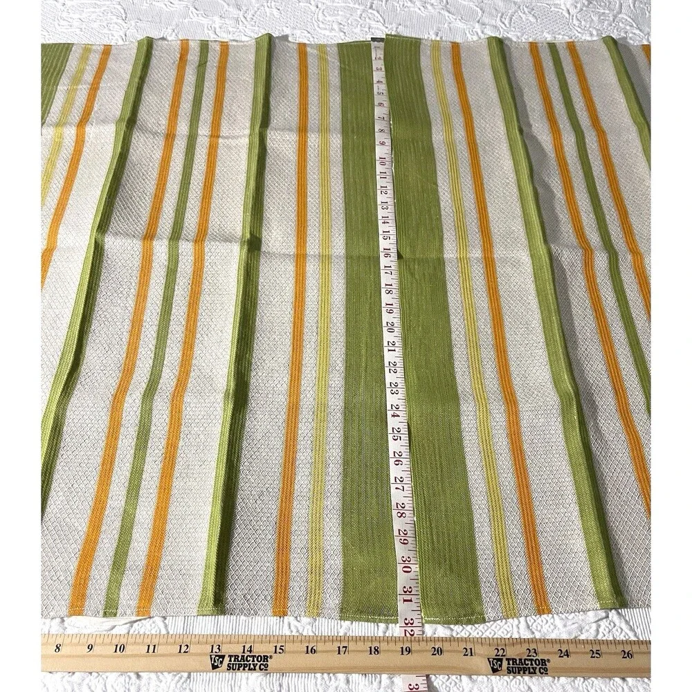 2 - Tea Towels Textured w Vertical Green Orange Stripes Hang Loops on both ends